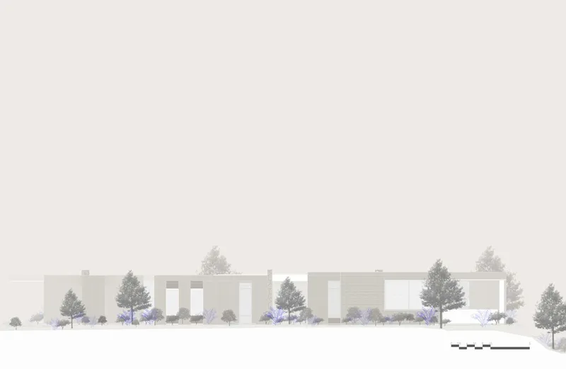 Elevation drawing showing a low horizontal building with vertical window openings set among evergreen trees