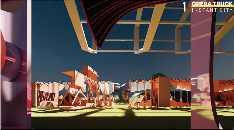 Modular architecture installation forming a dynamic Instant City landscape with deployable cultural infrastructure