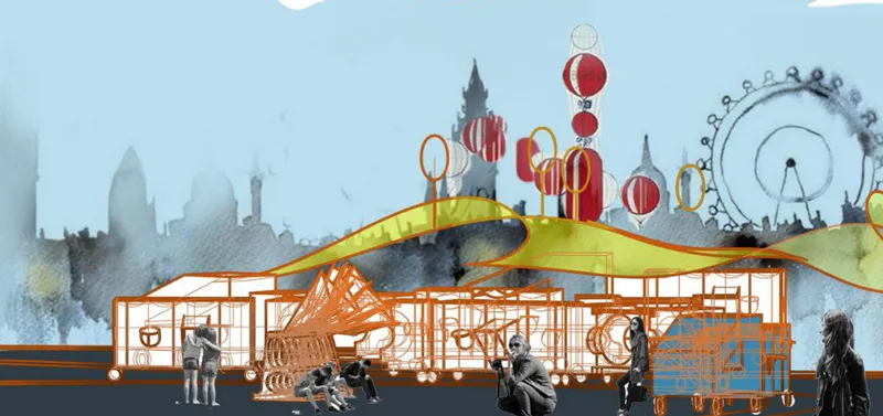 Sectional illustration of Instant City integrating infrastructure, mobility, and cultural programming