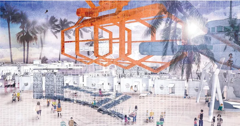 Conceptual collage illustrating mobile urban systems and adaptive architecture in a temporary city framework
