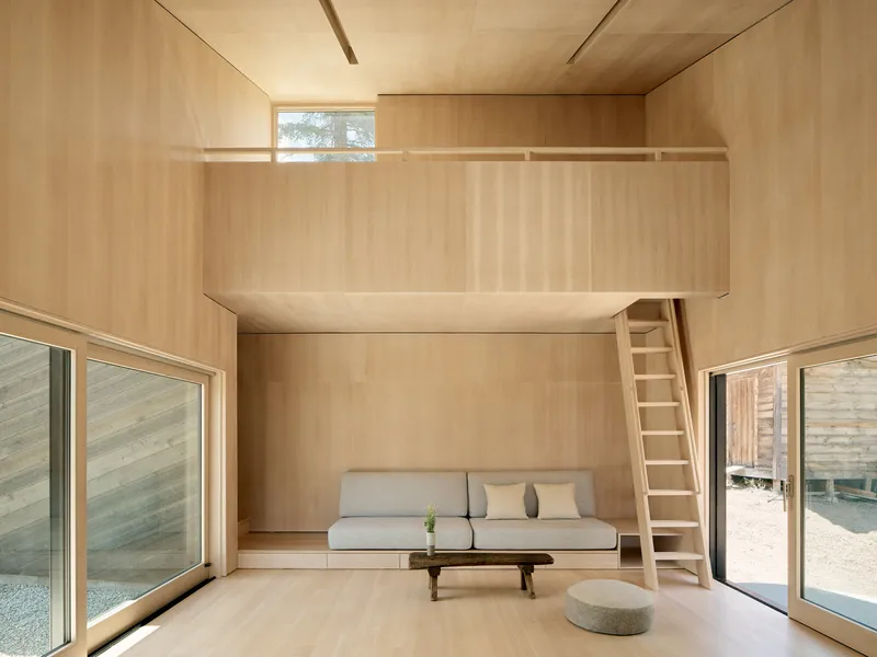 Double height plywood lined living space with sleeping loft above and ladder access