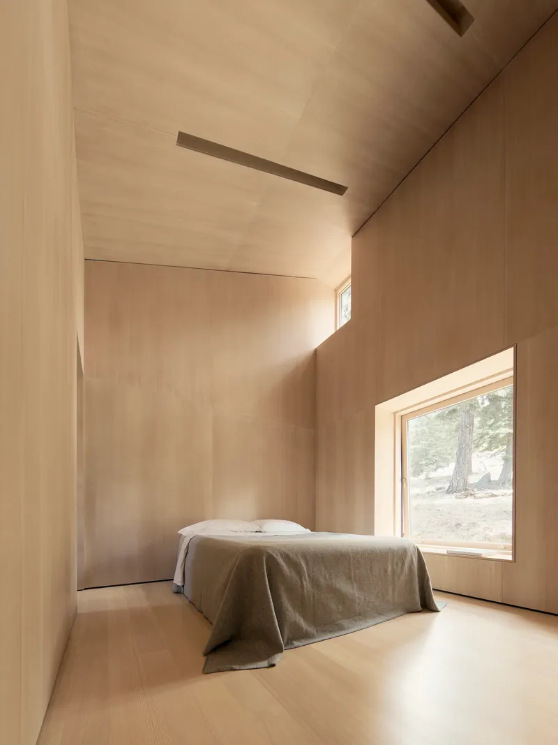Bedroom with pale timber surfaces and a low window looking out to a pine tree
