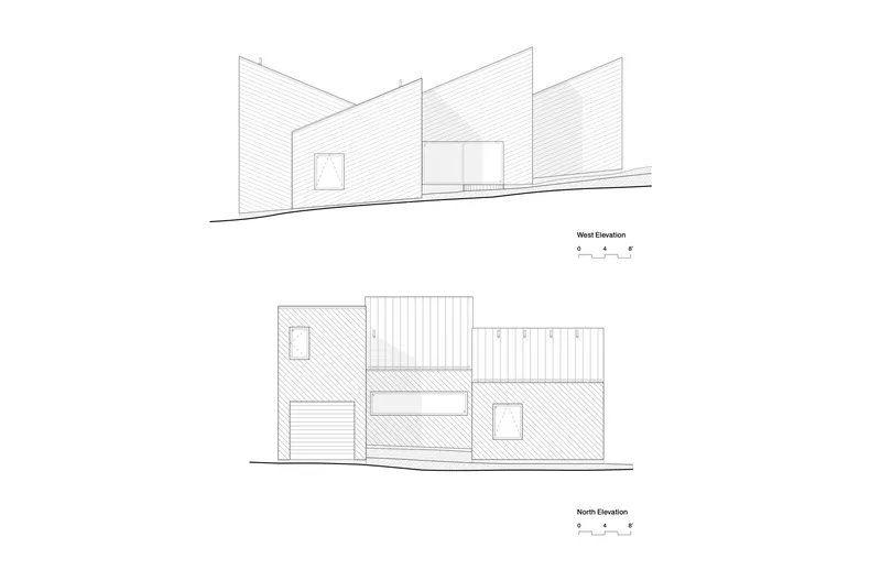 West and north elevation drawings showing staggered volumes with varied cladding patterns