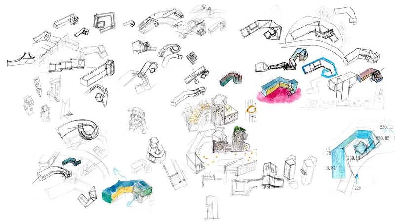 Sketch drawing collection showing conceptual design iterations with colored watercolor highlights on select volumes