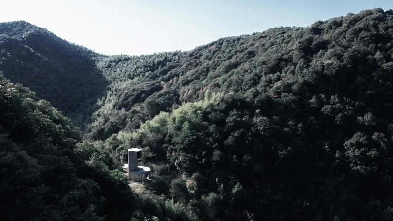 Aerial view of the concrete tower and base nestled within a valley of dense forest
