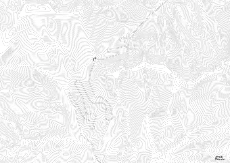 Topographic site drawing showing contour lines across mountainous terrain with building footprint indicated