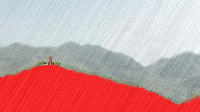 Rendered section through a hillside with a tower emerging from a bright red slope