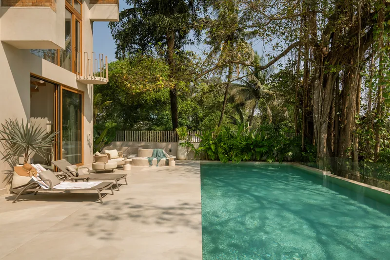 Pool terrace with loungers and planted beds framed by mature trees in dappled sunlight