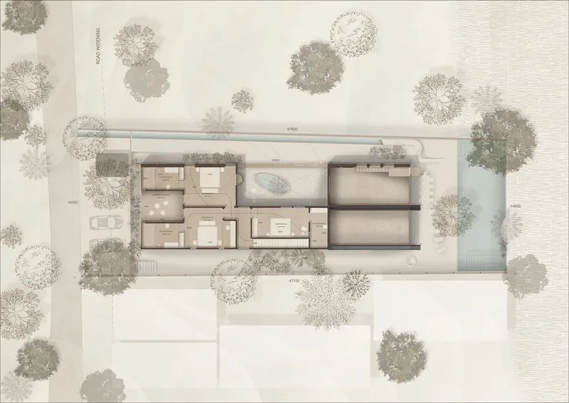 Site plan drawing showing the residence with interior pool courtyard surrounded by tree canopies and adjacent water feature