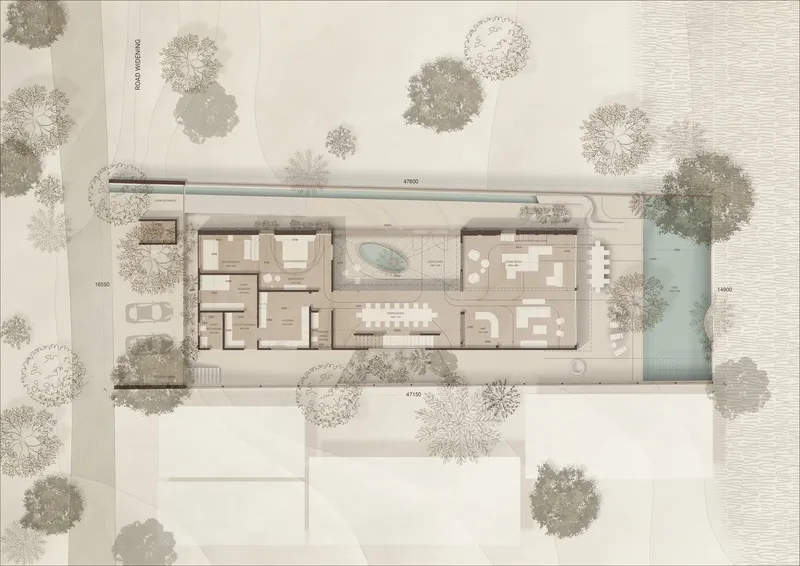 Ground floor plan drawing depicting rooms arranged around a central pool with tree-lined perimeter and waterfront edge