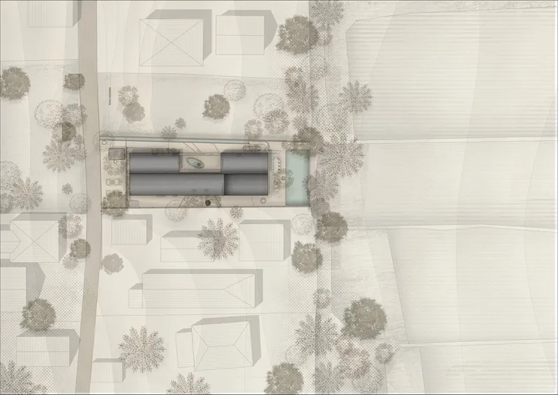 Site plan drawing showing the residence nestled between neighboring structures with trees and landscaped courtyard