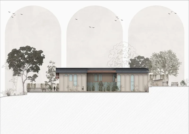 Elevation drawing showing a low volume with arched windows and figures beneath rendered trees and flying birds