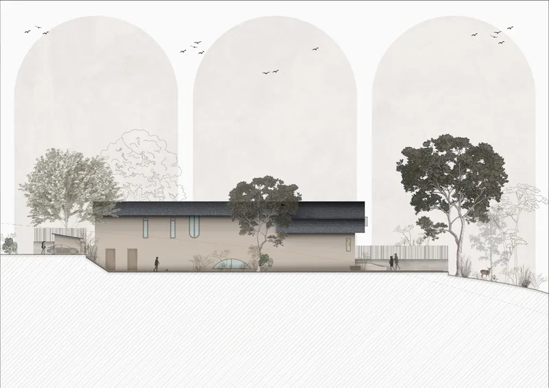 Elevation drawing of a cream-colored structure with dark roof beneath three large arched vignettes and trees