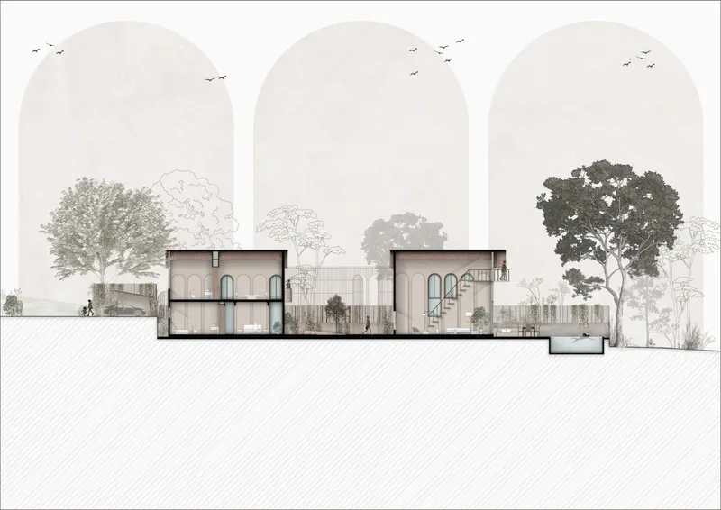 Section drawing revealing split-level interior spaces with arched windows and connecting courtyard between two volumes