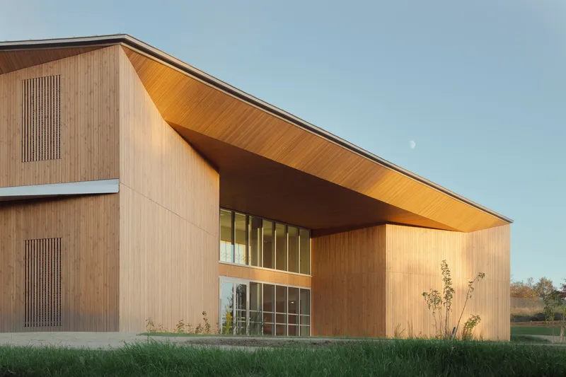 Timber entry canopy with deep soffit overhang and vertical cladding at dusk with moon visible