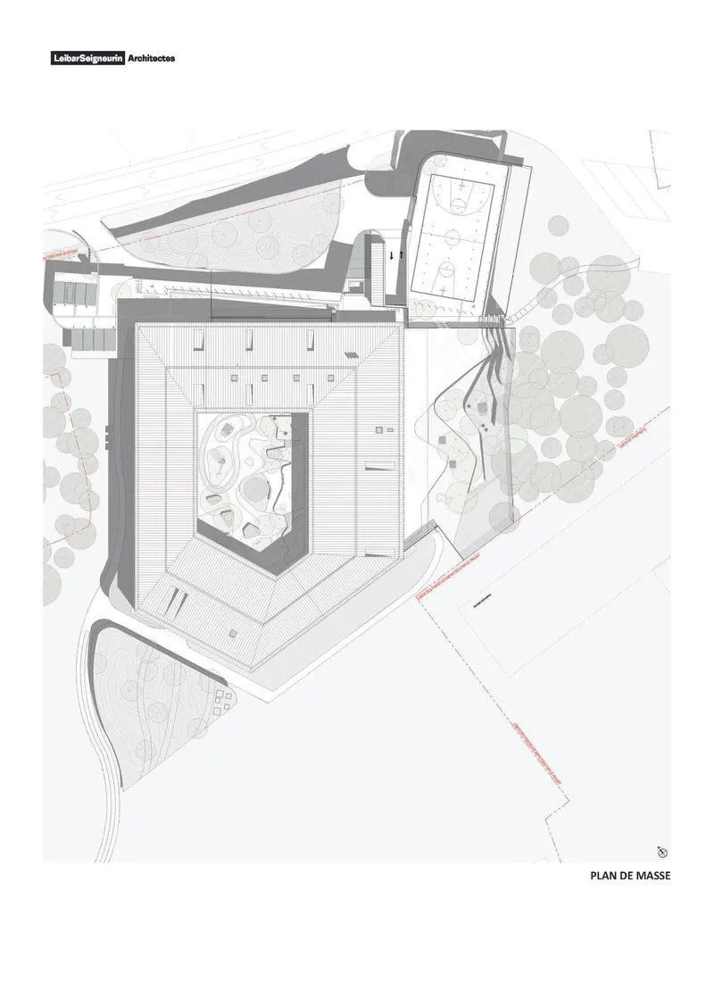 Site plan drawing showing building footprints, courtyard spaces and surrounding landscape with trees