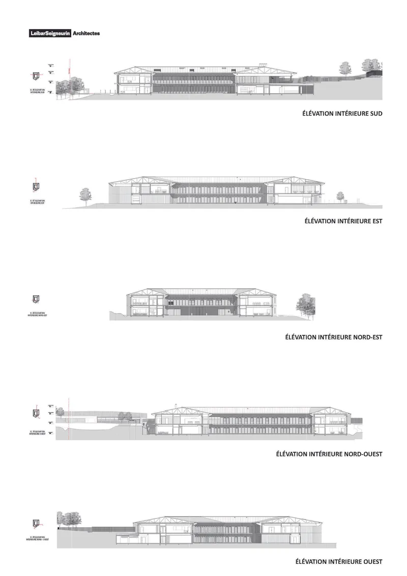 Interior elevation drawings showing the long horizontal building with exposed structural frames and central glazed section with flanking trees