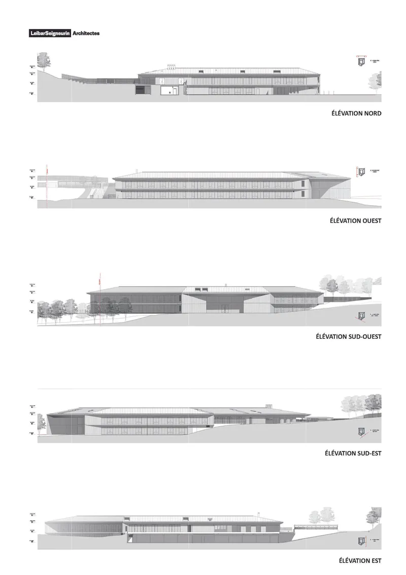 Exterior elevation drawings depicting the low horizontal building with varied roof heights and vertical louvered elements amid scattered trees