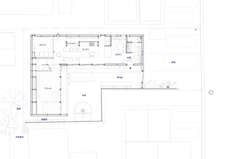 Ground floor plan showing living areas, kitchen, and courtyard with adjacent structures