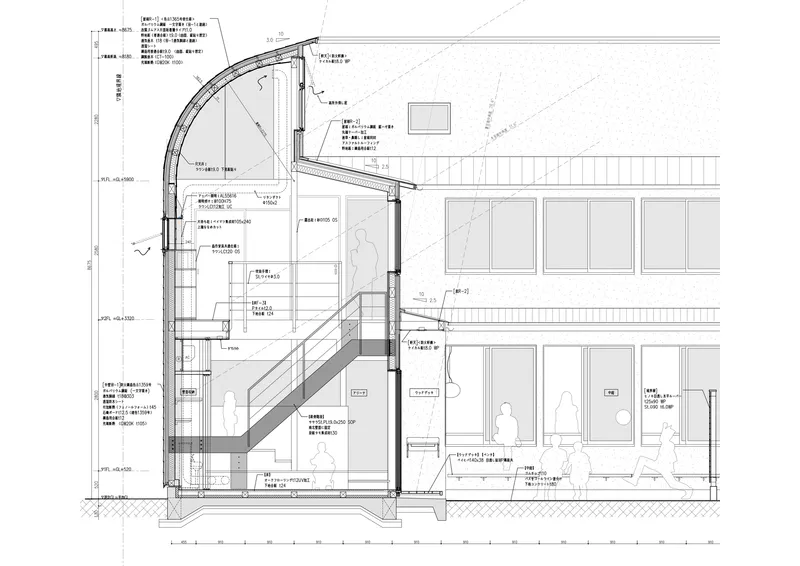 Section drawing through staircase and double-height space with curved roof above