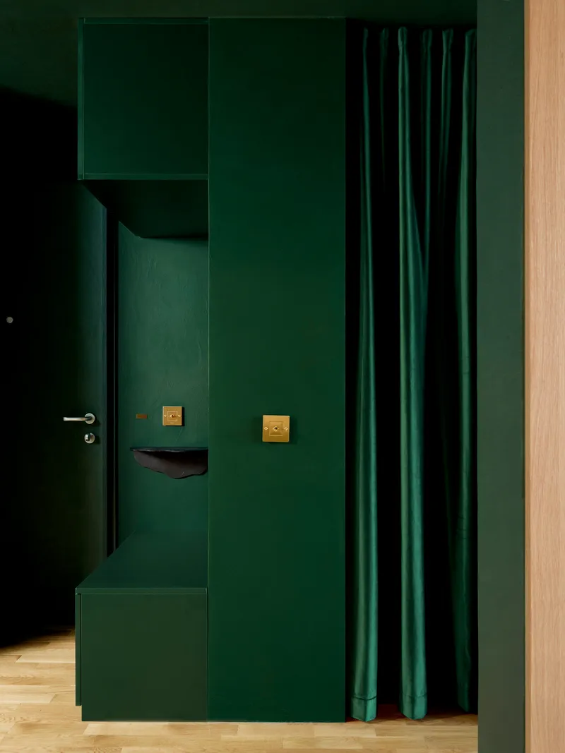 Green entryway volume with wall-mounted coat hooks, brass switches, and curtain beside an oak door frame