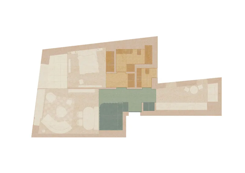 Floor plan drawing showing an angular layout with a central green zone and timber finishes