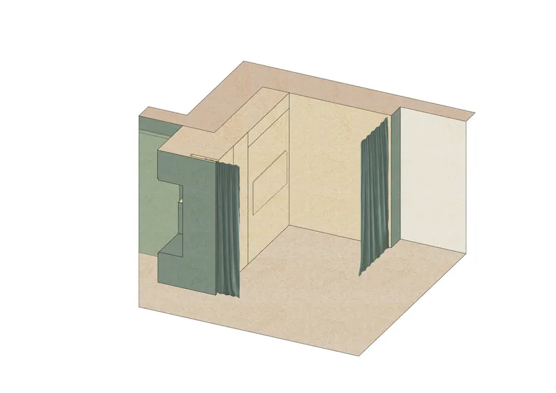 Axonometric drawing showing a compact room with pleated green panels and geometric openings in the ceiling
