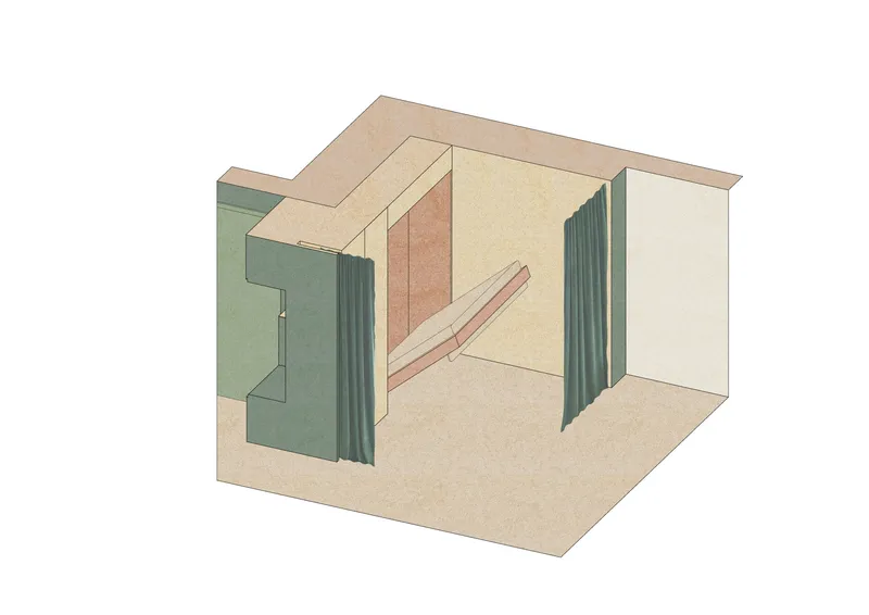 Axonometric drawing showing a staircase emerging through an opening alongside a terracotta-colored wall panel