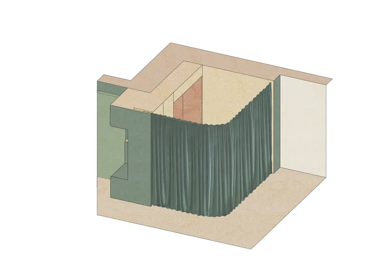 Axonometric drawing showing the room fully enclosed by curved pleated green screens wrapping the interior