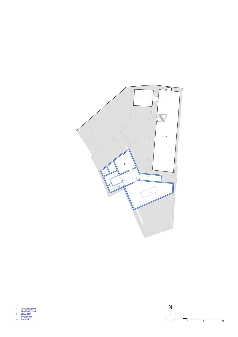 Floor plan drawing showing highlighted intervention zones within an irregular site boundary