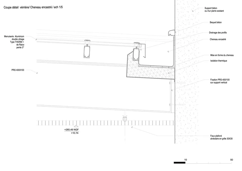 Detail section drawing illustrating embedded aluminum framing within concrete wall with thermal bridge and drainage