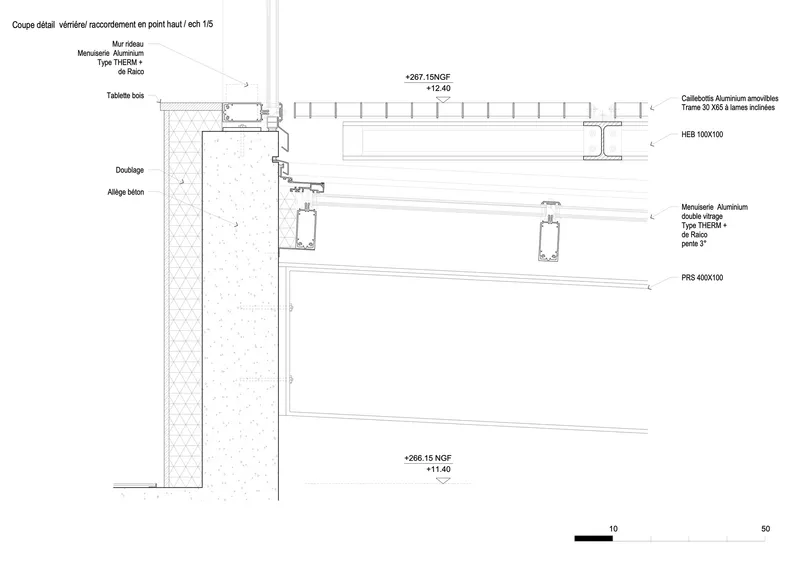 Section detail drawing showing the junction of aluminium cladding panels and roofing membrane with insulation layers