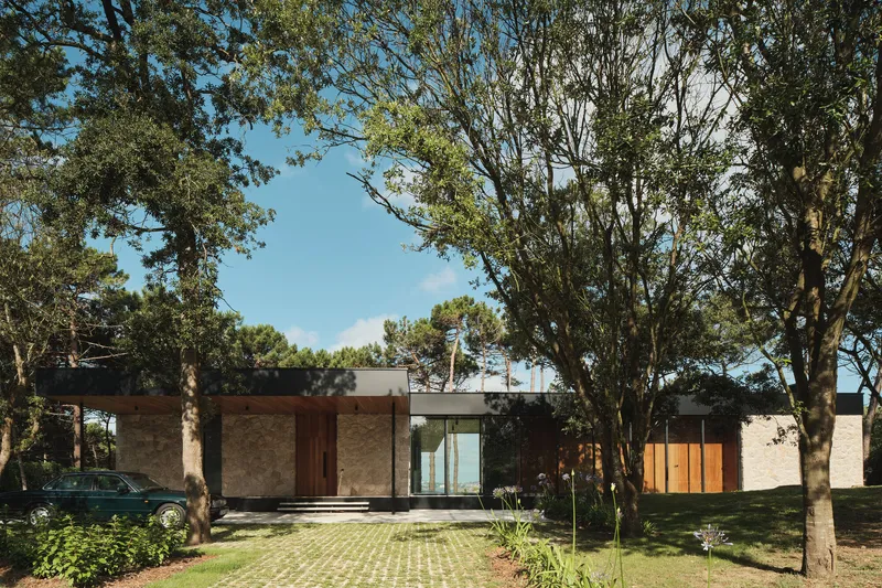 Front facade with stone volumes, glazed entry and flat roofs nestled among established trees
