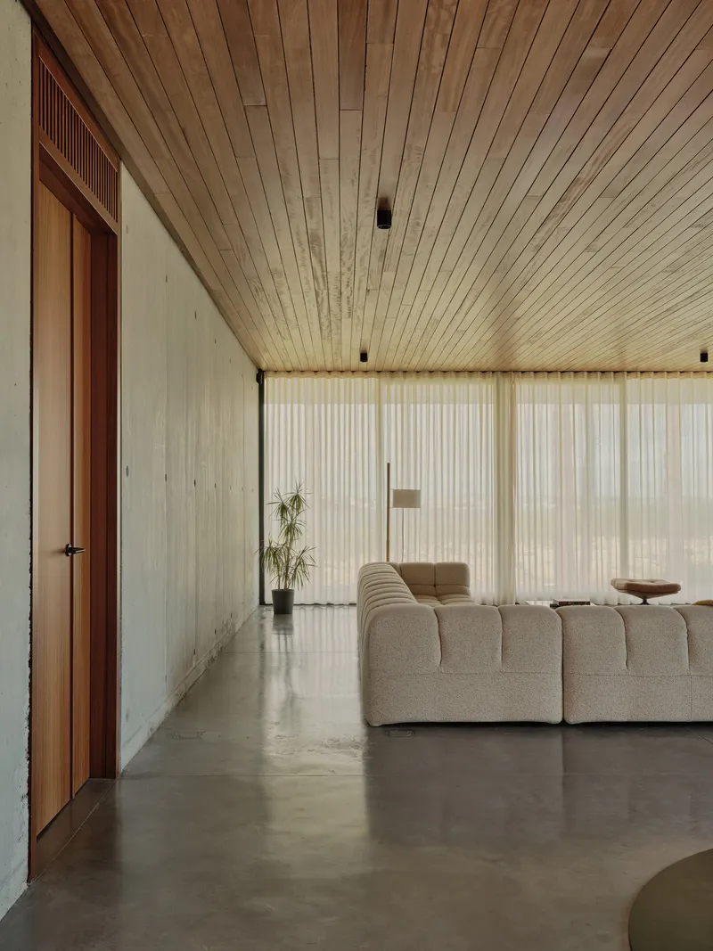 Living room with slatted timber ceiling and sheer curtains filtering afternoon light