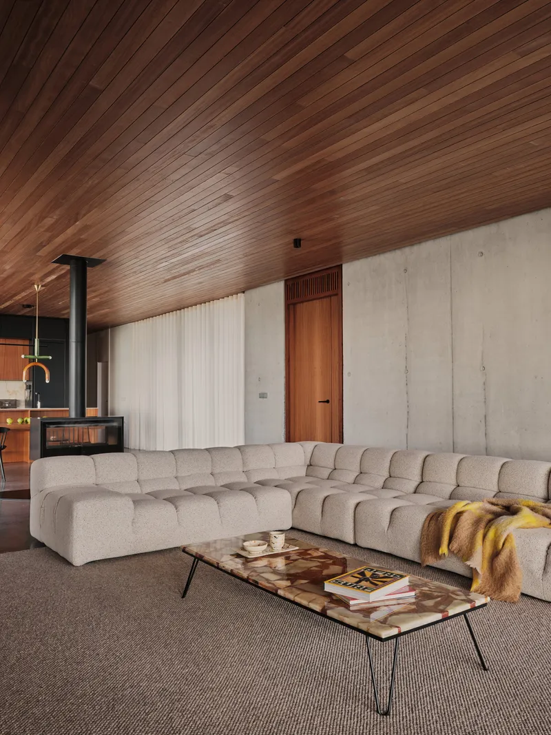 Sectional sofa beside board-formed concrete wall with timber door and sheer drapery
