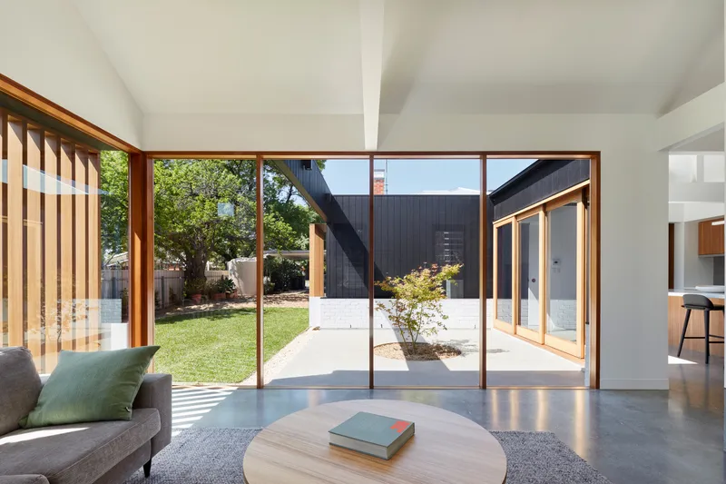Interior living space with full-height timber-framed glazing opening to courtyard lawn and young tree