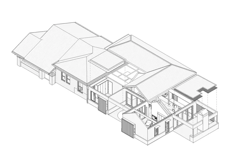 Axonometric cutaway drawing revealing interior rooms and gabled roof volumes