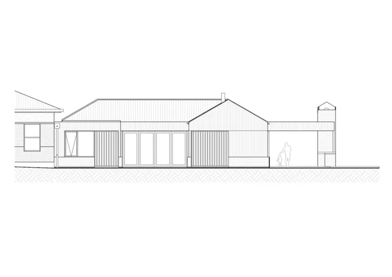 Elevation drawing showing gabled volumes with corrugated cladding and a figure for scale
