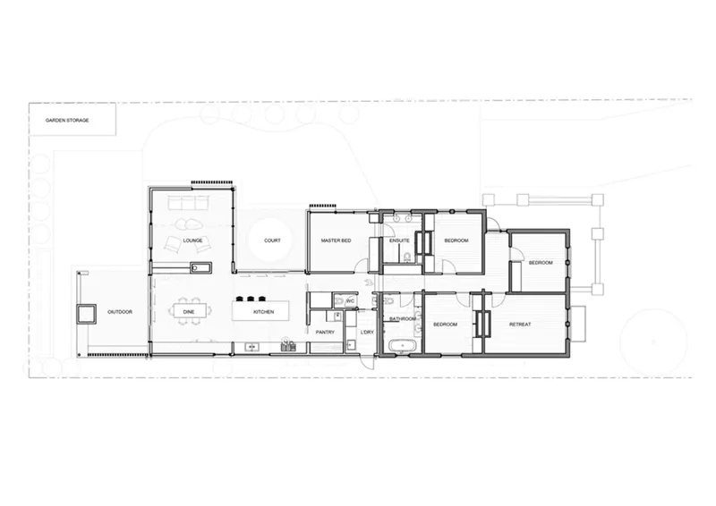 Floor plan drawing showing linear arrangement of rooms with courtyard and garden storage