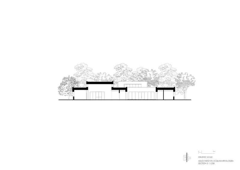 Section drawing illustrating flat-roofed volumes at varying heights behind a tree line