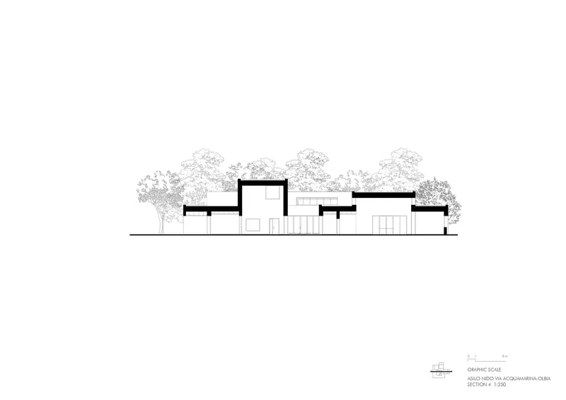 Section drawing showing stepped roof forms with a central double-height entry volume among trees