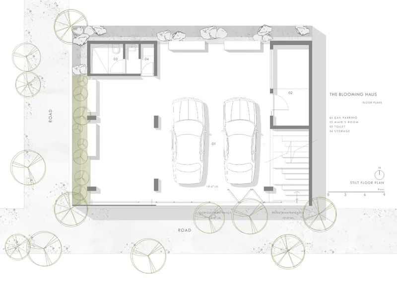 Basement floor plan drawing showing a double car parking space with storage and staircase access