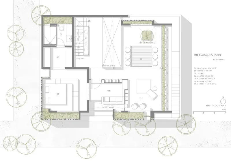 First floor plan drawing showing bedrooms and a long exterior terrace with planting