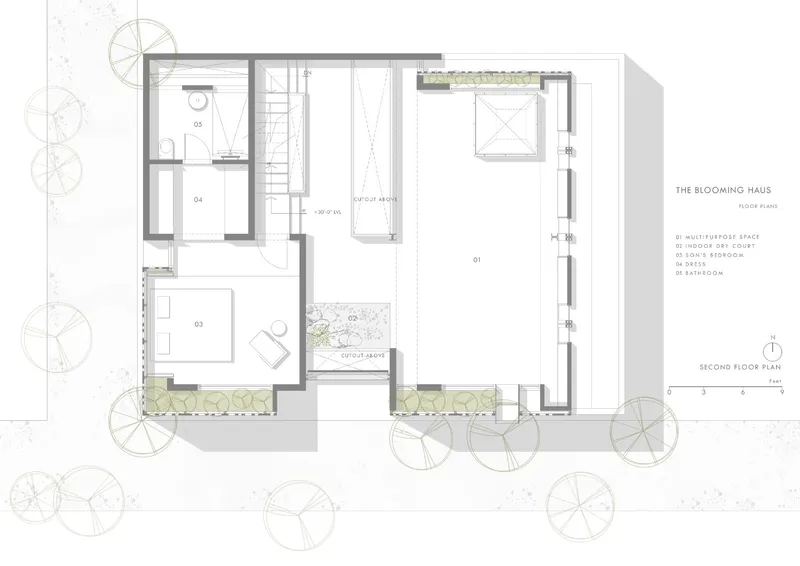 Second floor plan drawing showing a multipurpose space with outdoor terrace and skylight courtyard