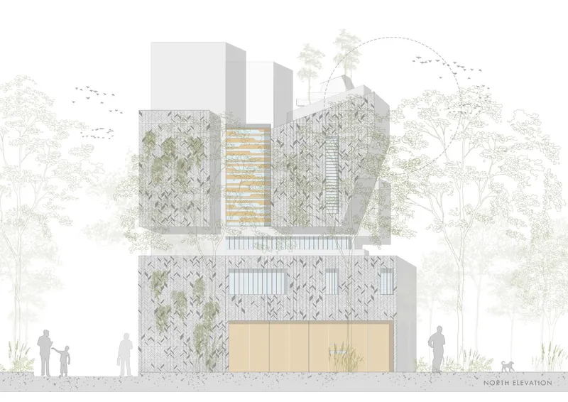 North elevation drawing depicting a multilevel facade with herringbone screening and planted balconies among trees
