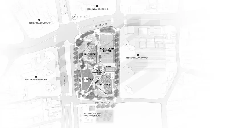 Site plan drawing showing office towers, community center, and tree-lined plaza bordered by residential compounds