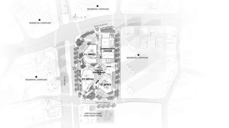 Site plan drawing depicting mixed-use campus with central public space and surrounding residential buildings