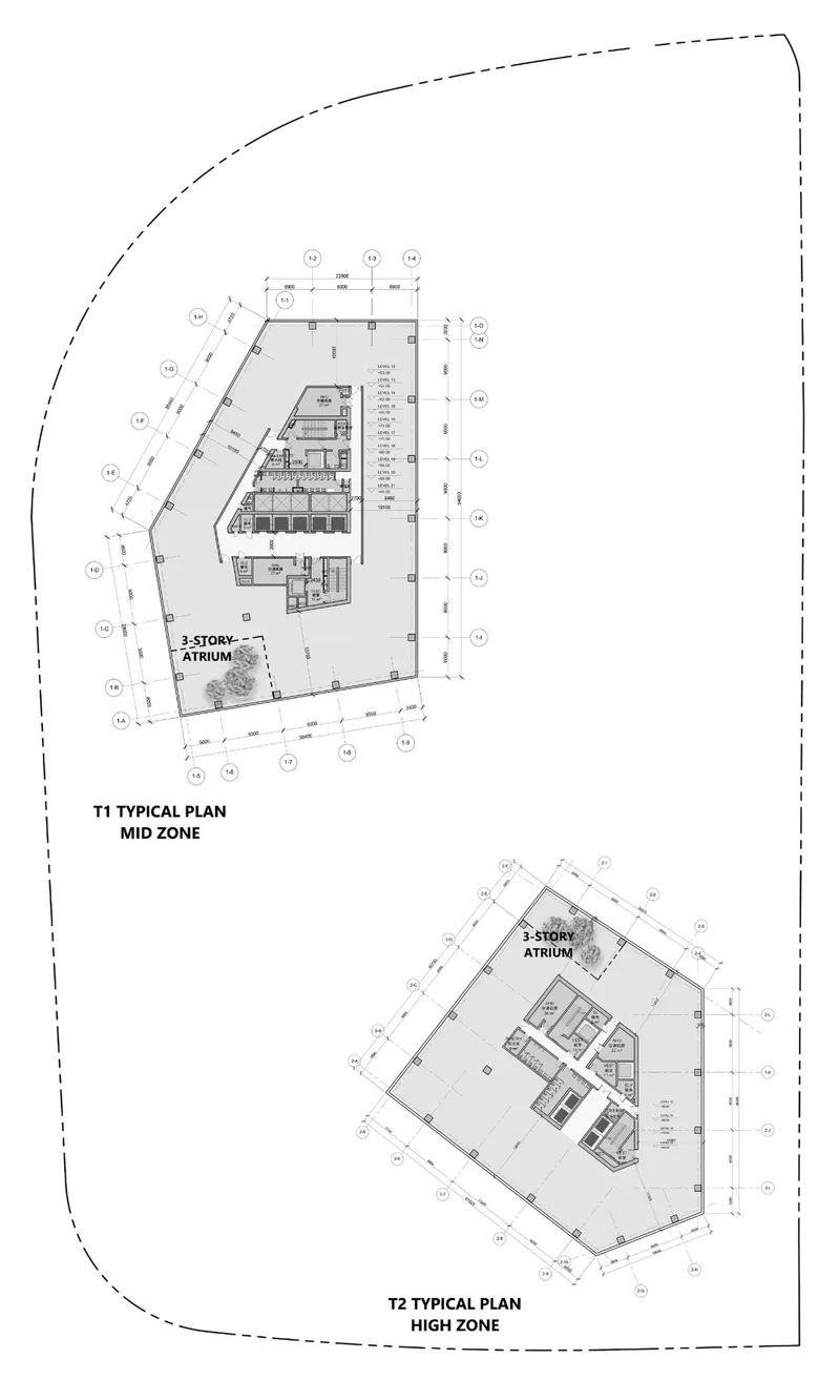 Floor plan drawing of typical mid-zone and high-zone levels showing atrium spaces and perimeter offices