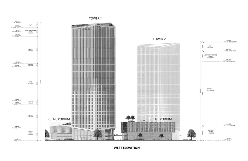 West elevation drawing depicting two gridded towers rising from retail podiums with trees below