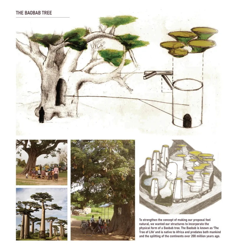 Baobab-inspired form translating nature into architectural massing.